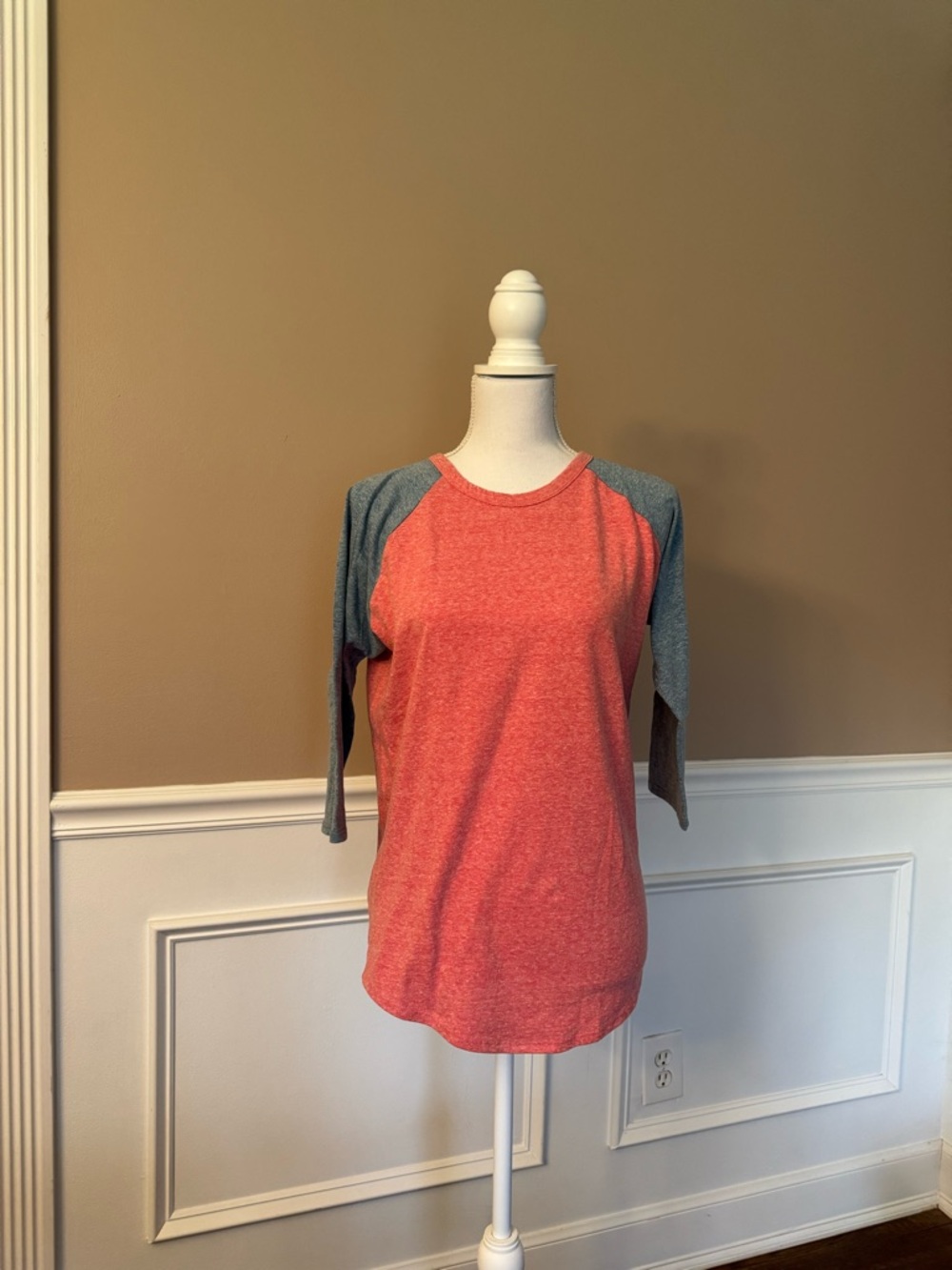 LuLaRoe Heather Coral Raglan Tee with Slate Sleeves